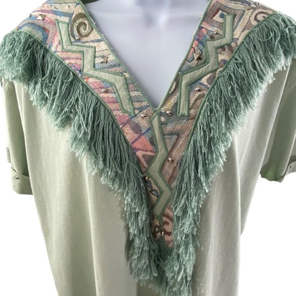 Vintage Eclectic Western Bohemian Aztec Sage Green Top with Fringe size Medium - Picture 2 of 7